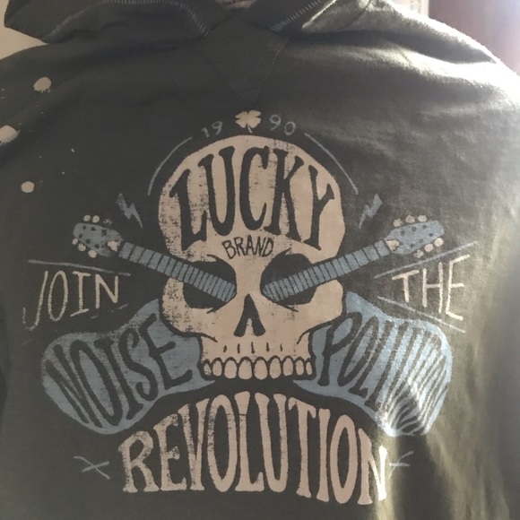 Lucky Brand long sleeve T hoodie olive green with skull guitar screen print - Picture 2 of 6